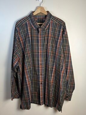 Cotton Reel Men’s Orange Navy Brown Plaid Long sleeve Button-Up Shirt, Size 3XL